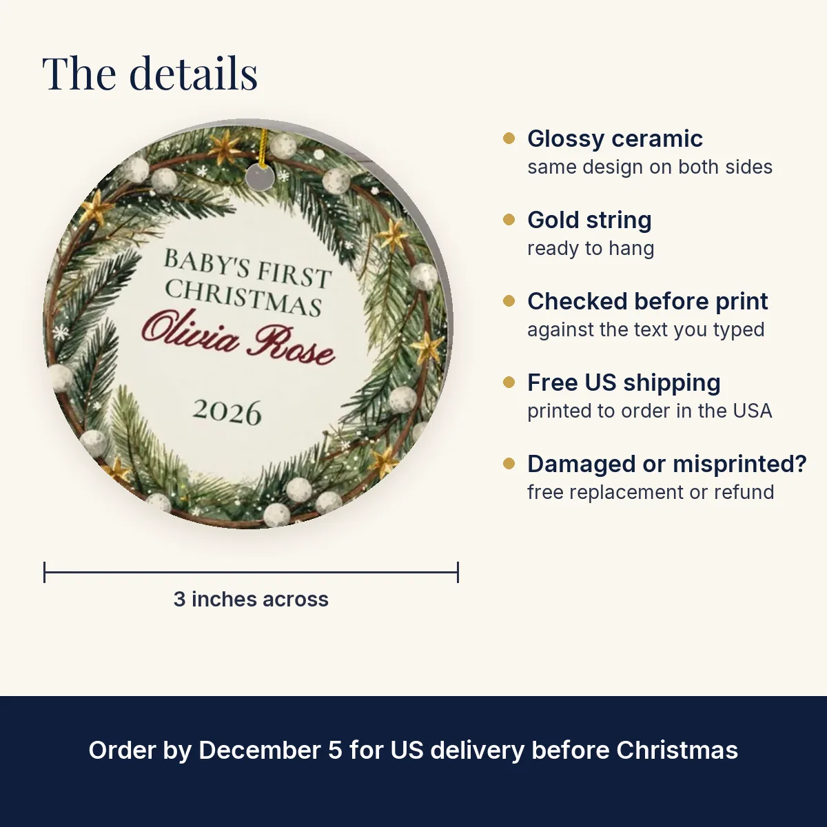 Baby's First Christmas Ornament: 3-inch glossy ceramic, same design on both sides, free US shipping