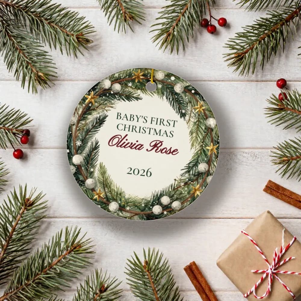 Baby's First Christmas Ornament with pine and gift wrap