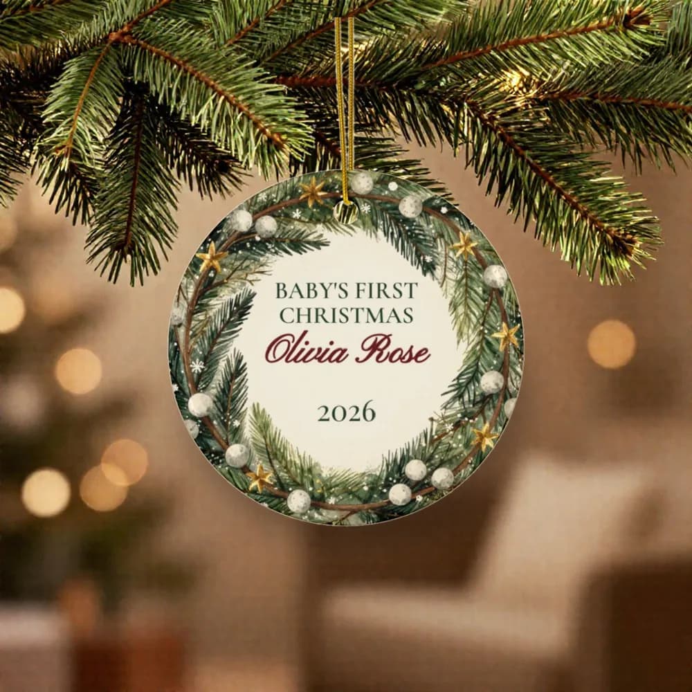 Baby's First Christmas Ornament on a Christmas tree, close up