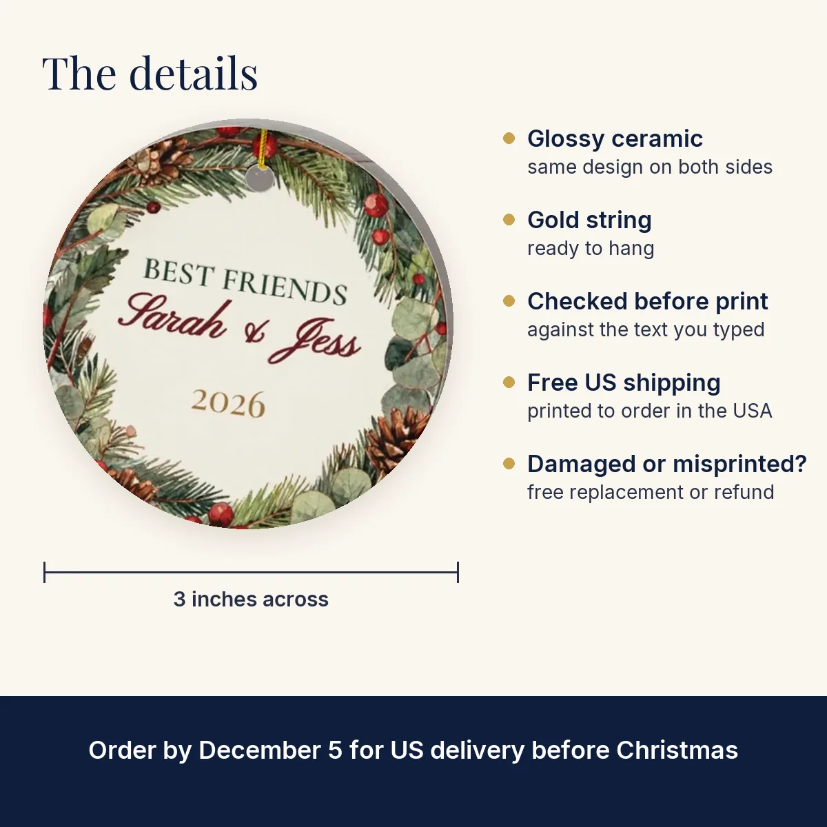 Best Friends Ornament: 3-inch glossy ceramic, same design on both sides, free US shipping