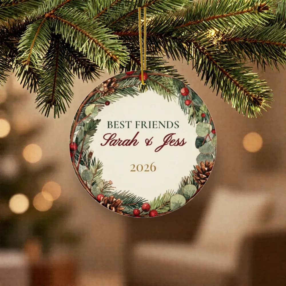 Best Friends Ornament on a Christmas tree, close up