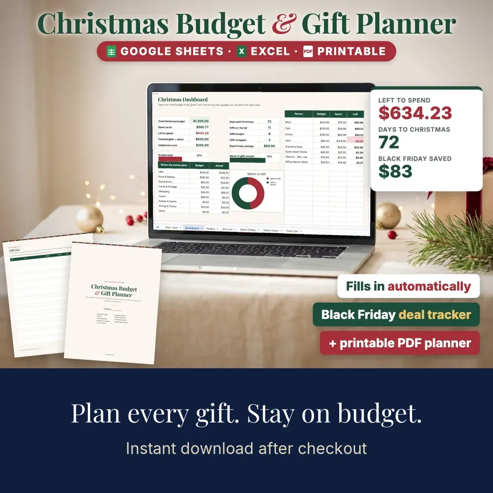 Christmas budget planner shown on a laptop and printed pages