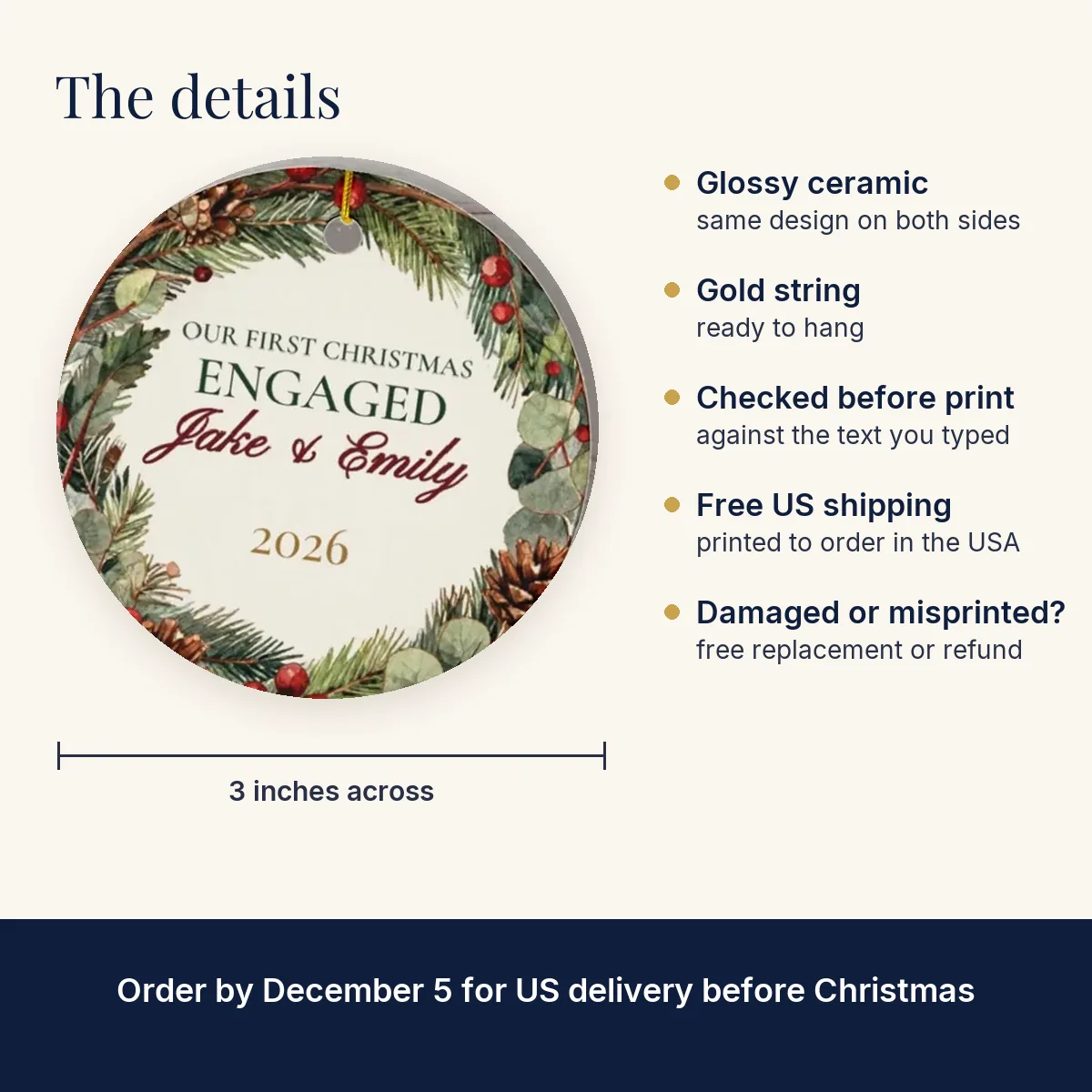 First Christmas Engaged Ornament: 3-inch glossy ceramic, same design on both sides, free US shipping