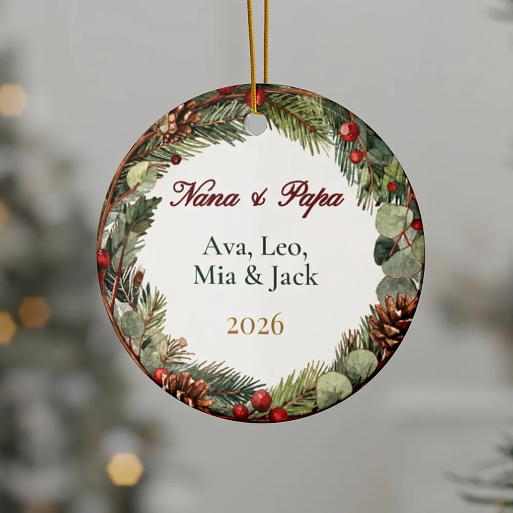 Grandkids Names Ornament, shown hanging