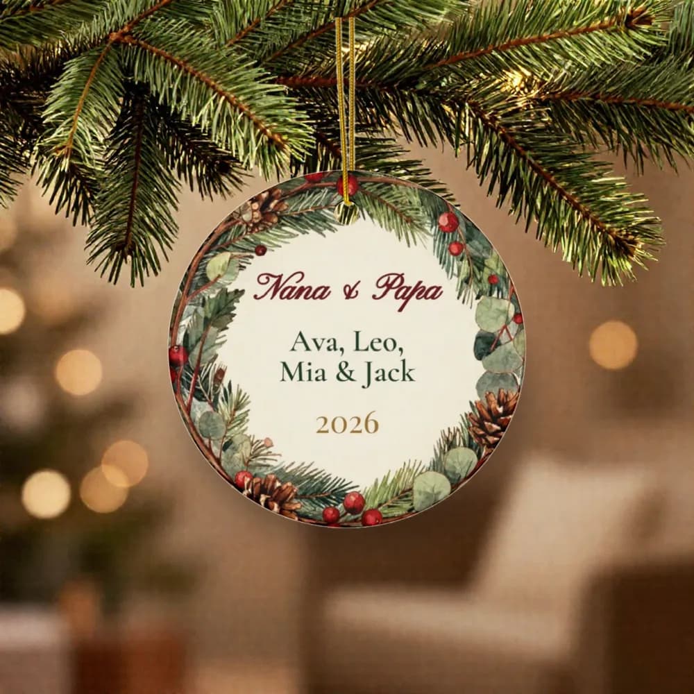 Grandkids Names Ornament on a Christmas tree, close up