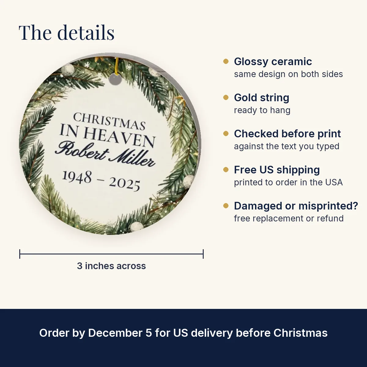 Christmas in Heaven Memorial Ornament: 3-inch glossy ceramic, same design on both sides, free US shipping