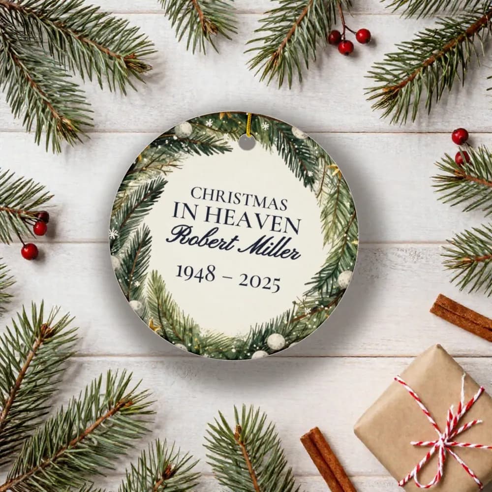 Christmas in Heaven Memorial Ornament with pine and gift wrap