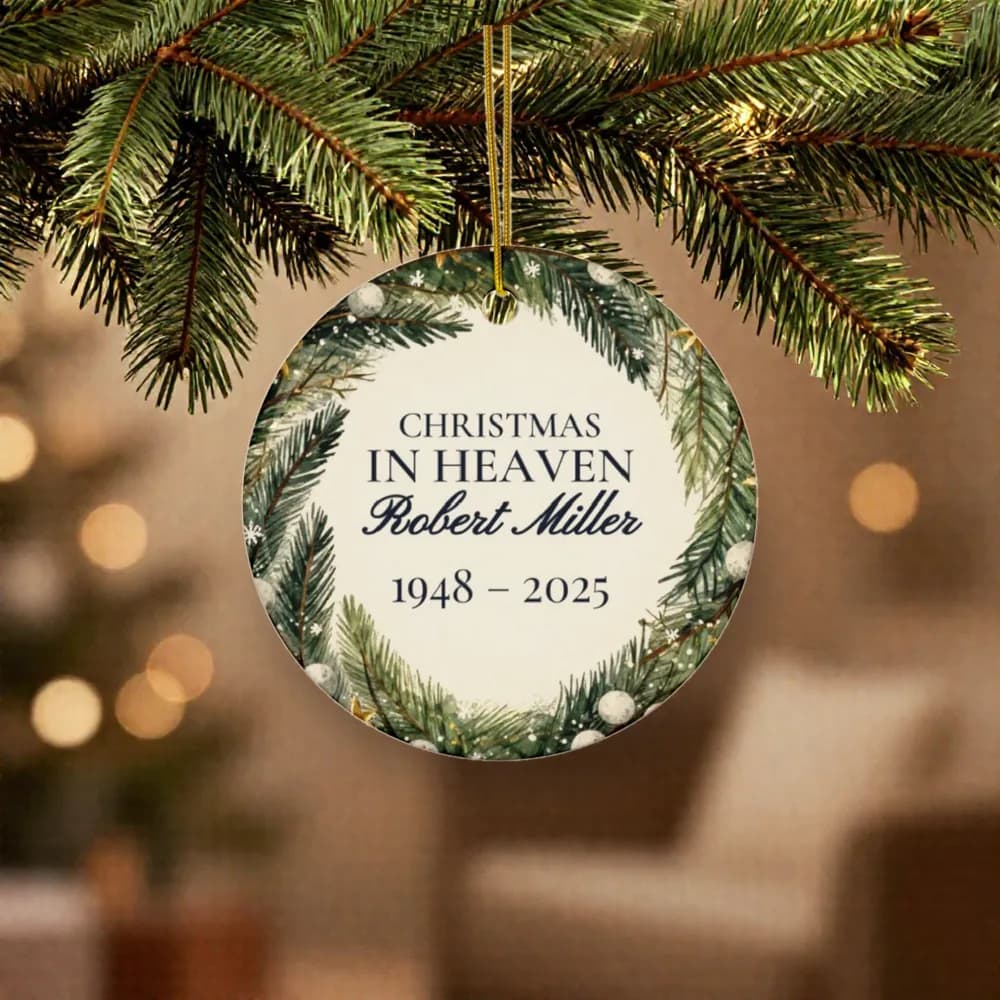Christmas in Heaven Memorial Ornament on a Christmas tree, close up