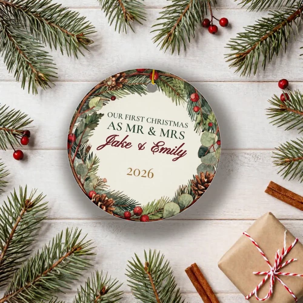 First Christmas Married Ornament with pine and gift wrap