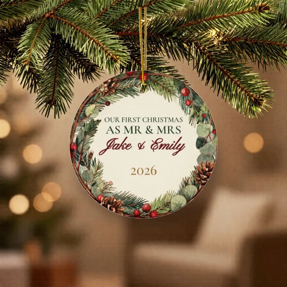 First Christmas married ornament hanging on a Christmas tree