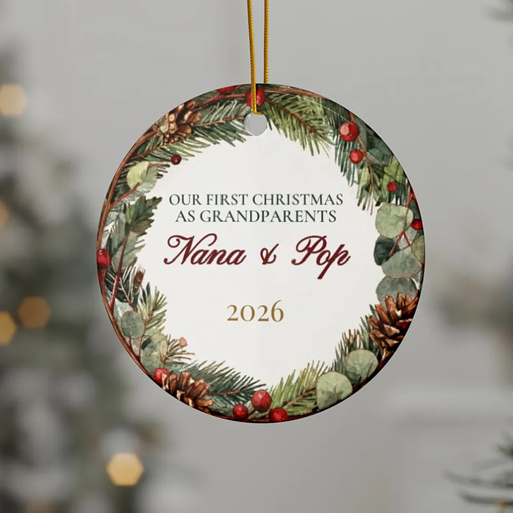 First Christmas as Grandparents Ornament, shown hanging