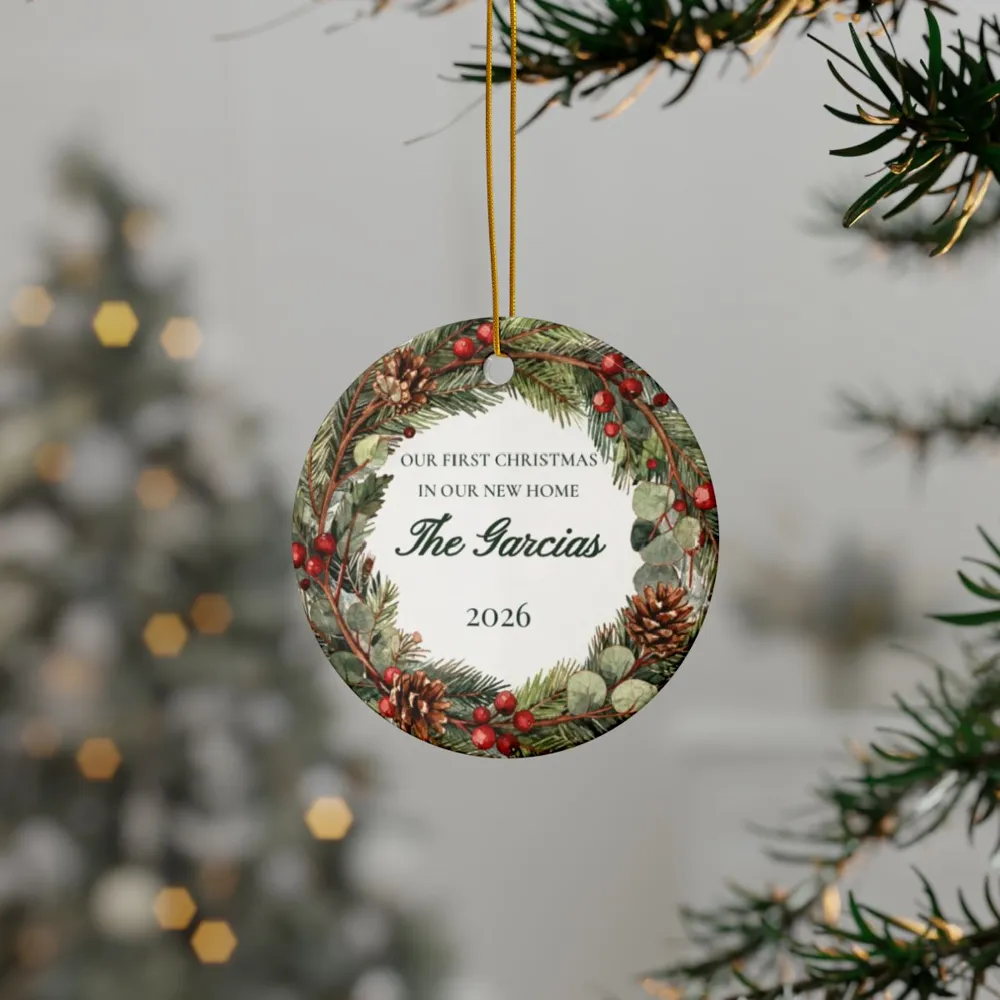 New Home Ornament, shown hanging
