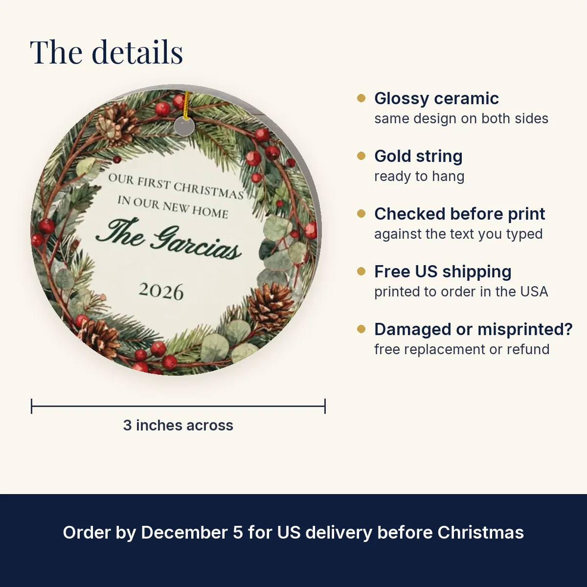 New Home Ornament: 3-inch glossy ceramic, same design on both sides, free US shipping