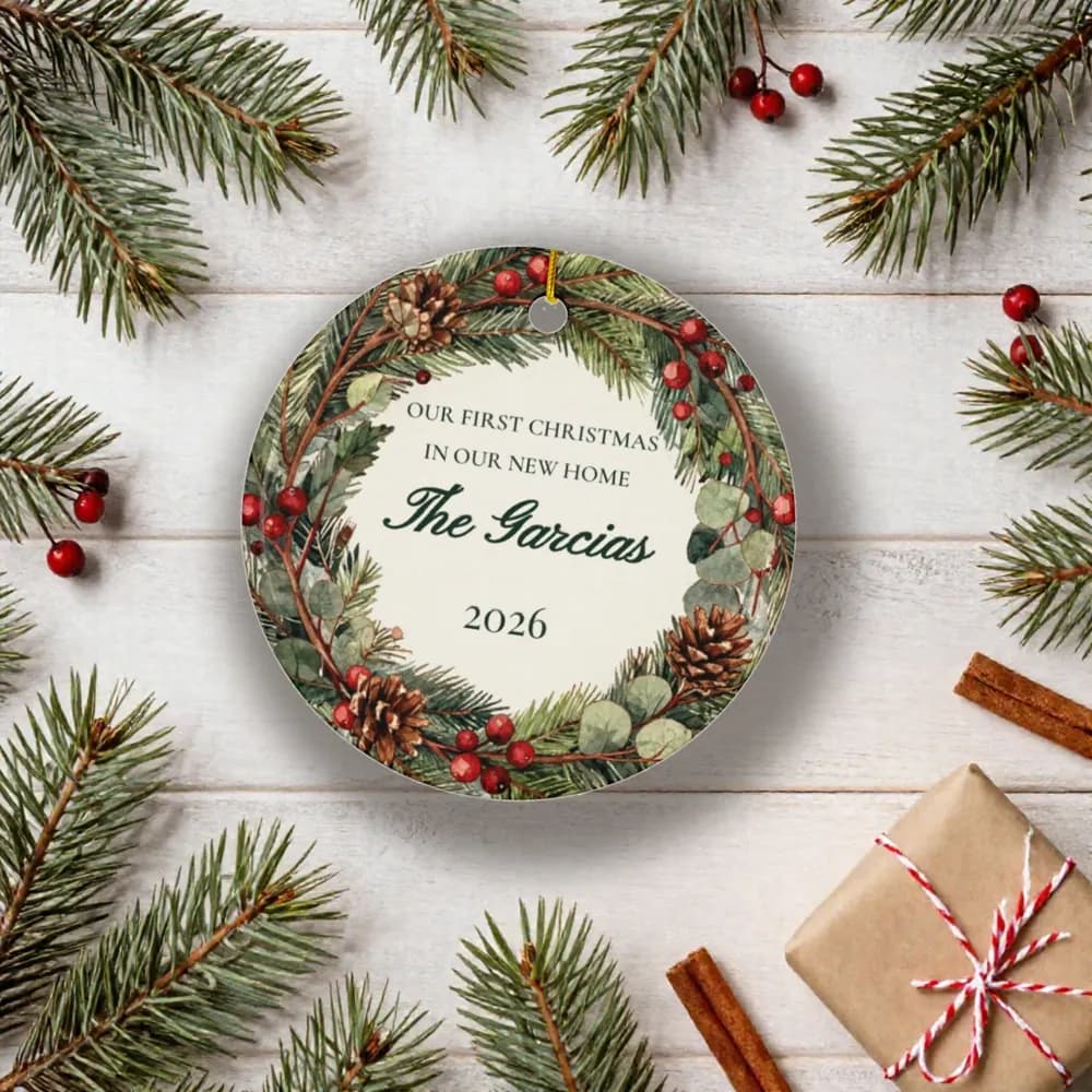 New Home Ornament with pine and gift wrap