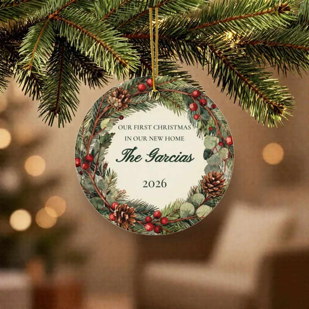 New Home Ornament on a Christmas tree, close up