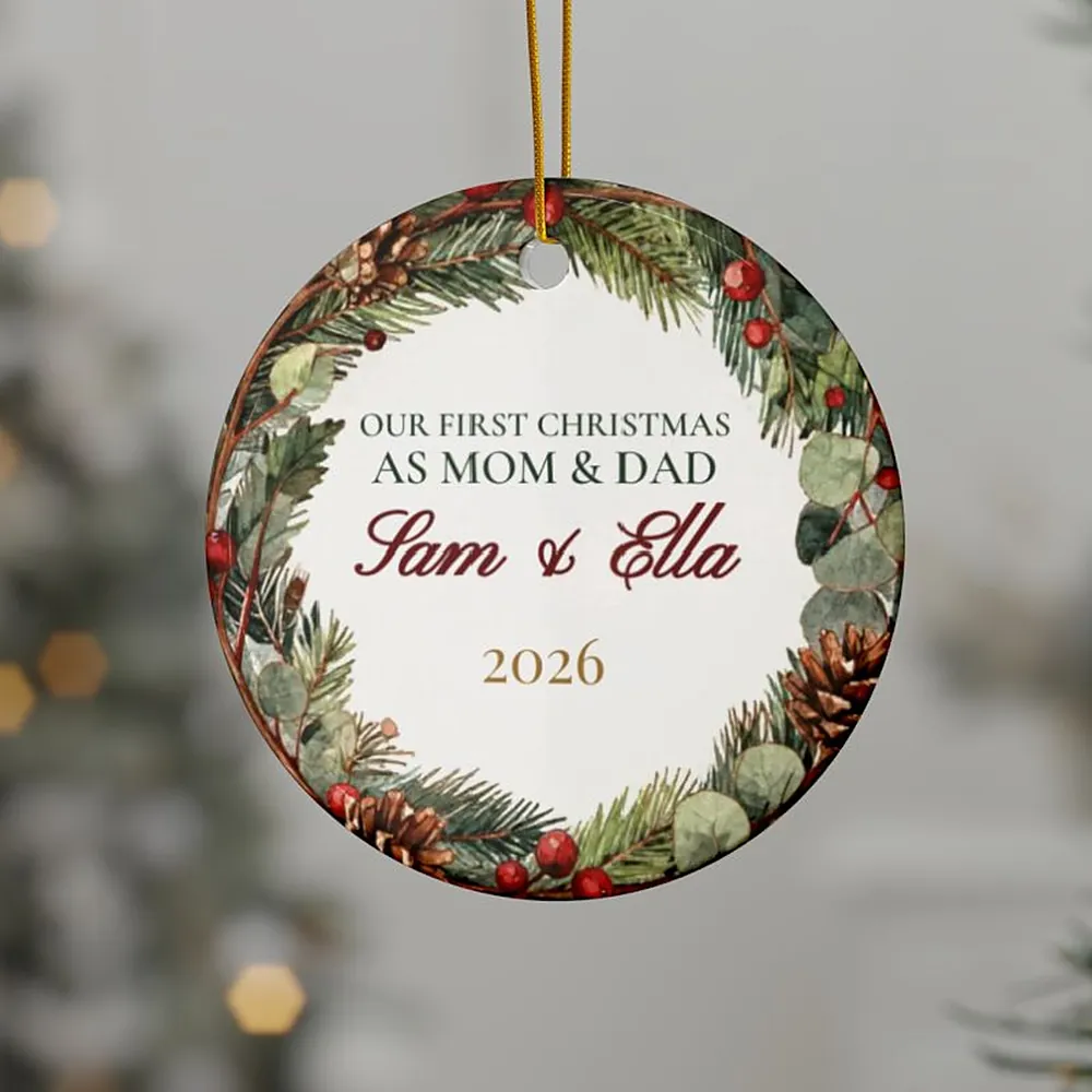 First Christmas as Mom & Dad Ornament, shown hanging
