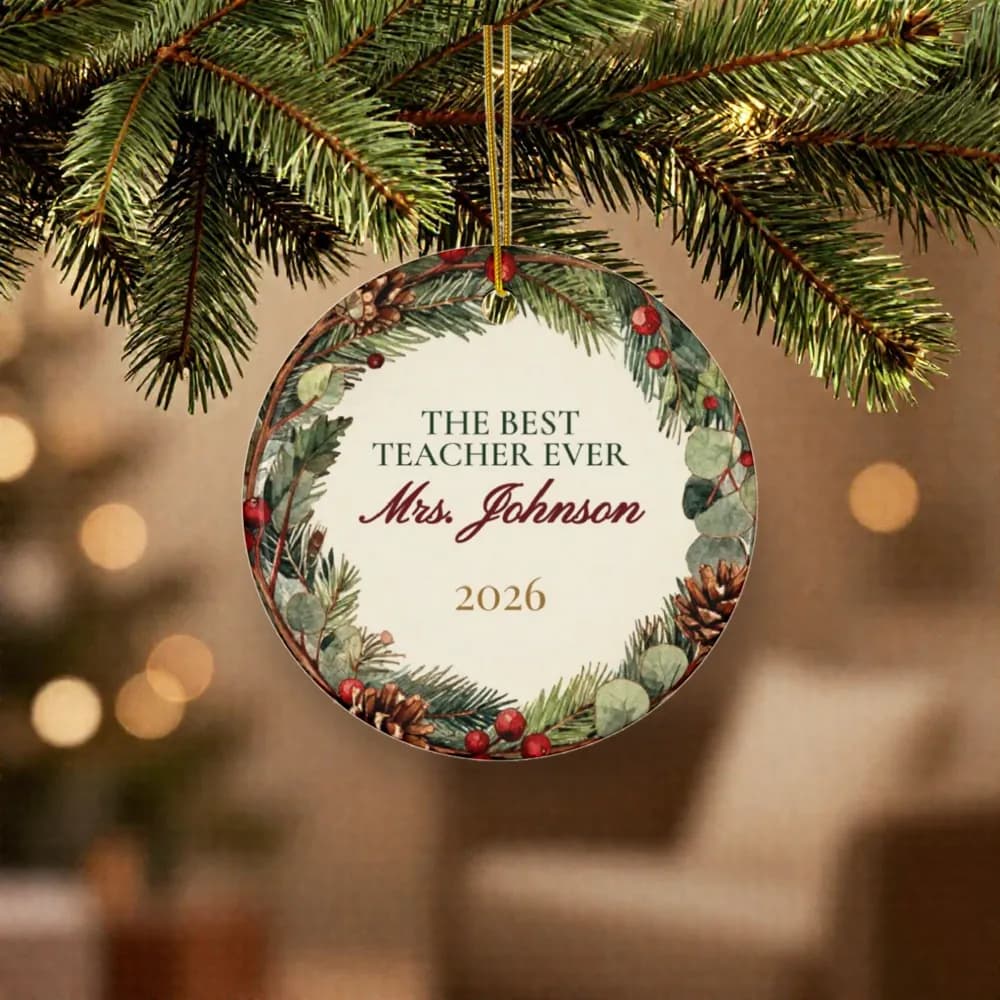 Teacher Ornament on a Christmas tree, close up