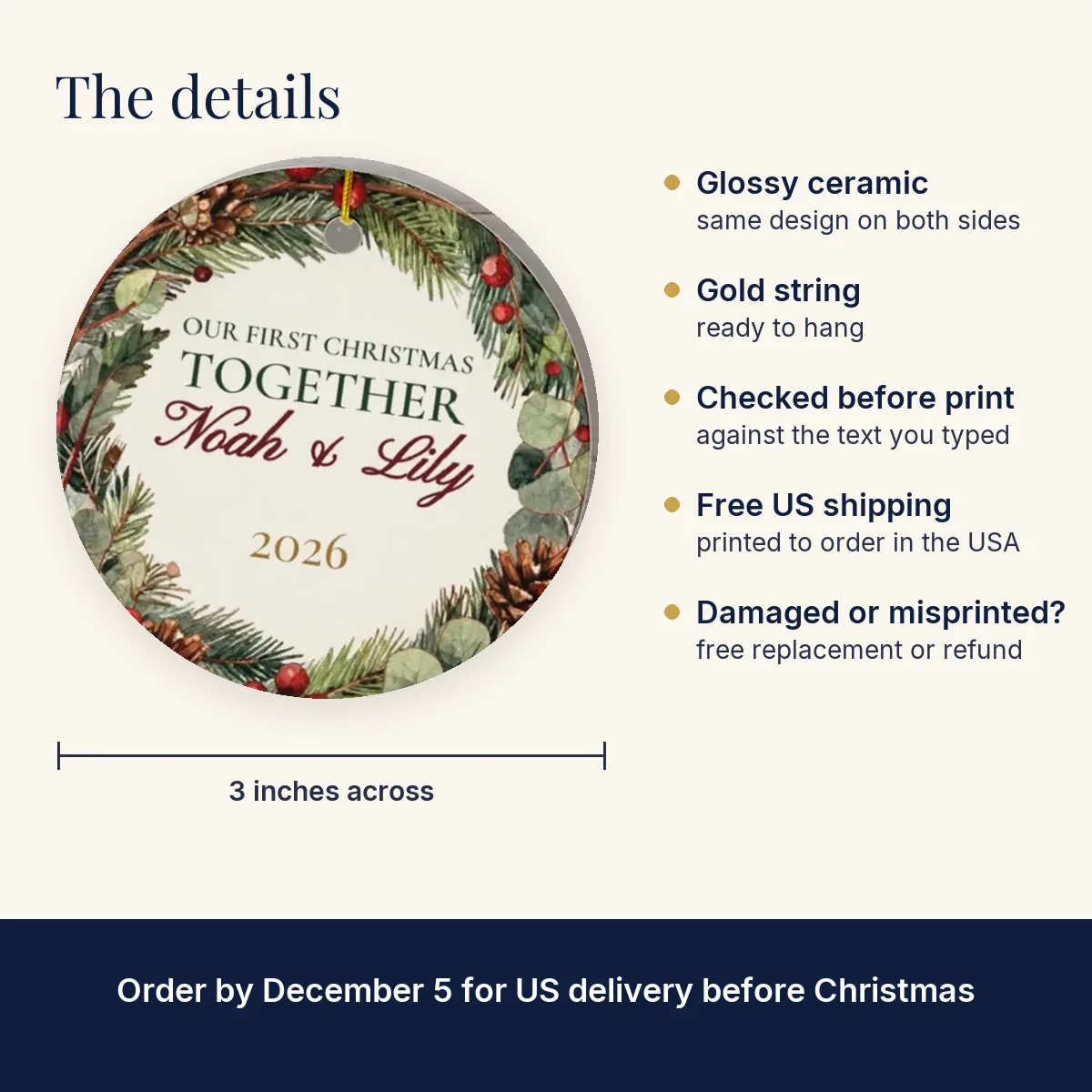 First Christmas Together Ornament: 3-inch glossy ceramic, same design on both sides, free US shipping