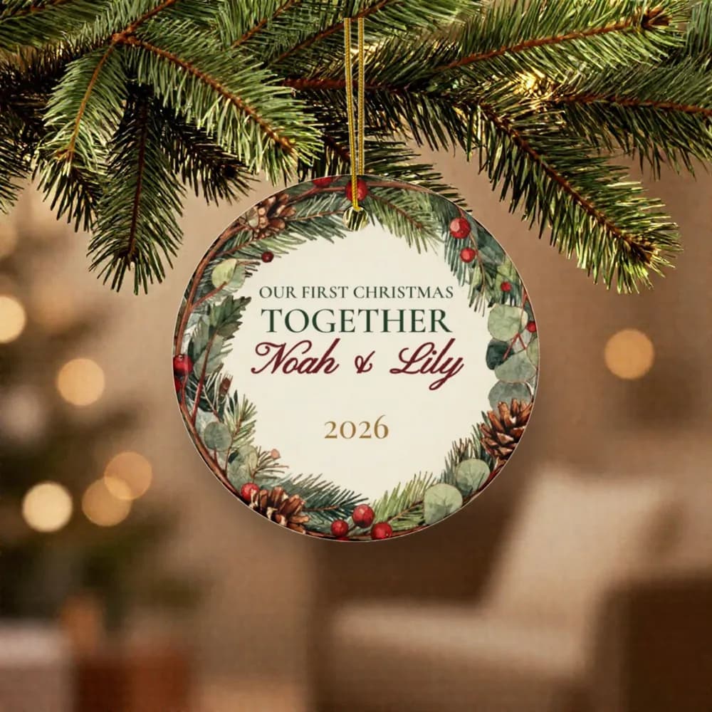 First Christmas Together Ornament on a Christmas tree, close up